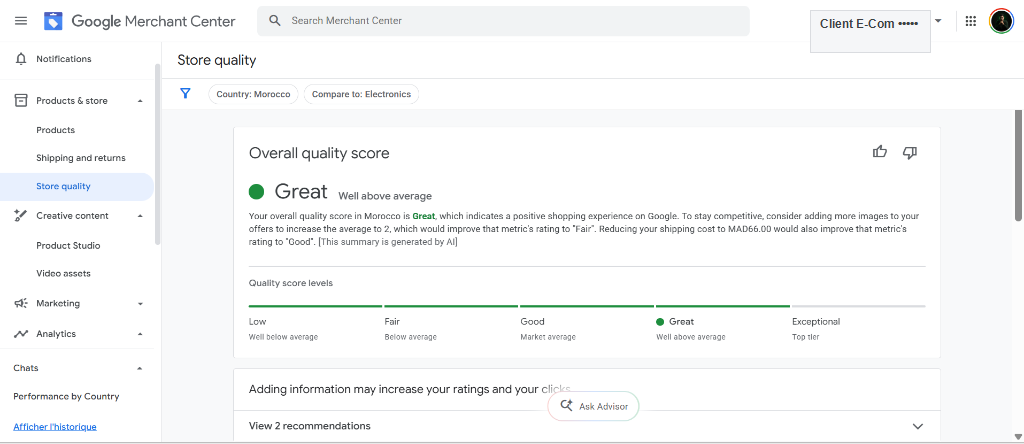Google Merchant Center Store Quality Great